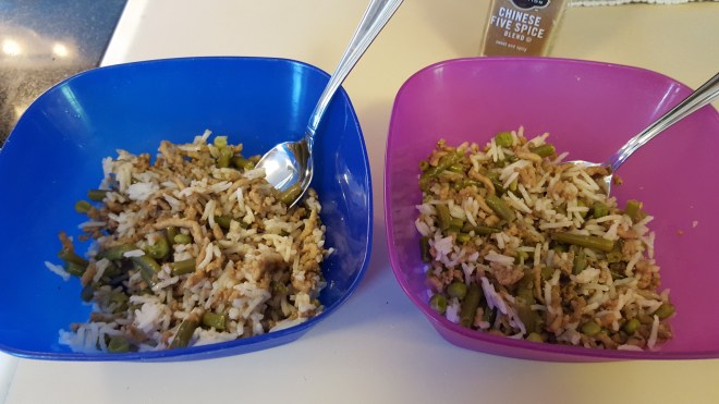 Kids portions of minced pork and green bean stir-fry